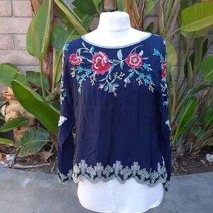 Johnny Was Navy Floral Embroidered Boho Blouse XS Long Sleeve Silk Top